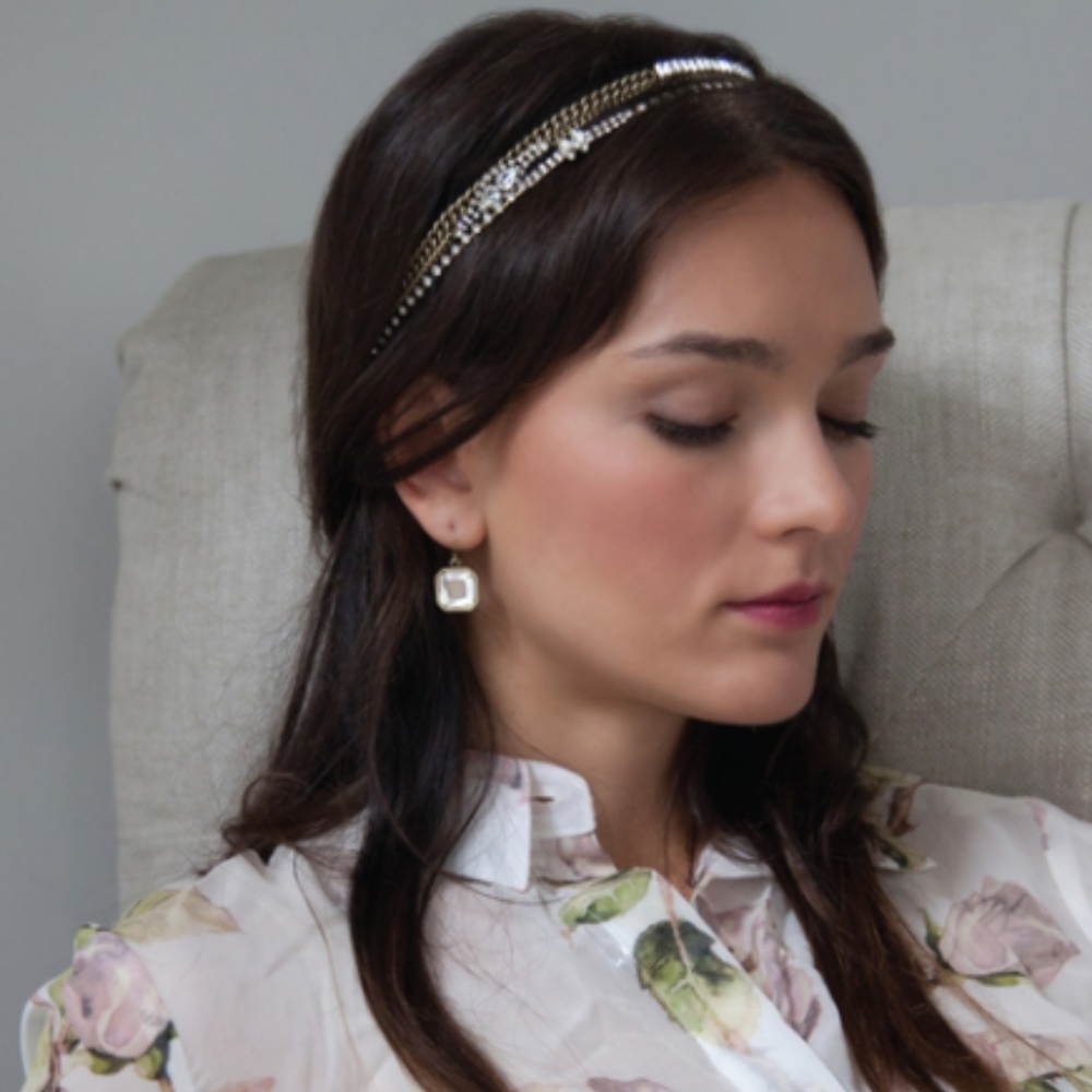 New! Crystal + Chain Strands Stretch Headband $58